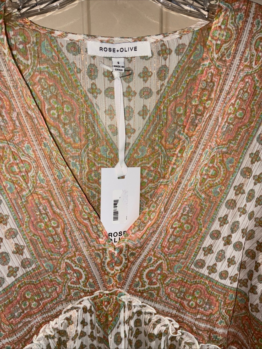 Rose & Olive Paisley V-Neck Blouse in Cream, Olive & Terracotta - Picture 3 of 9
